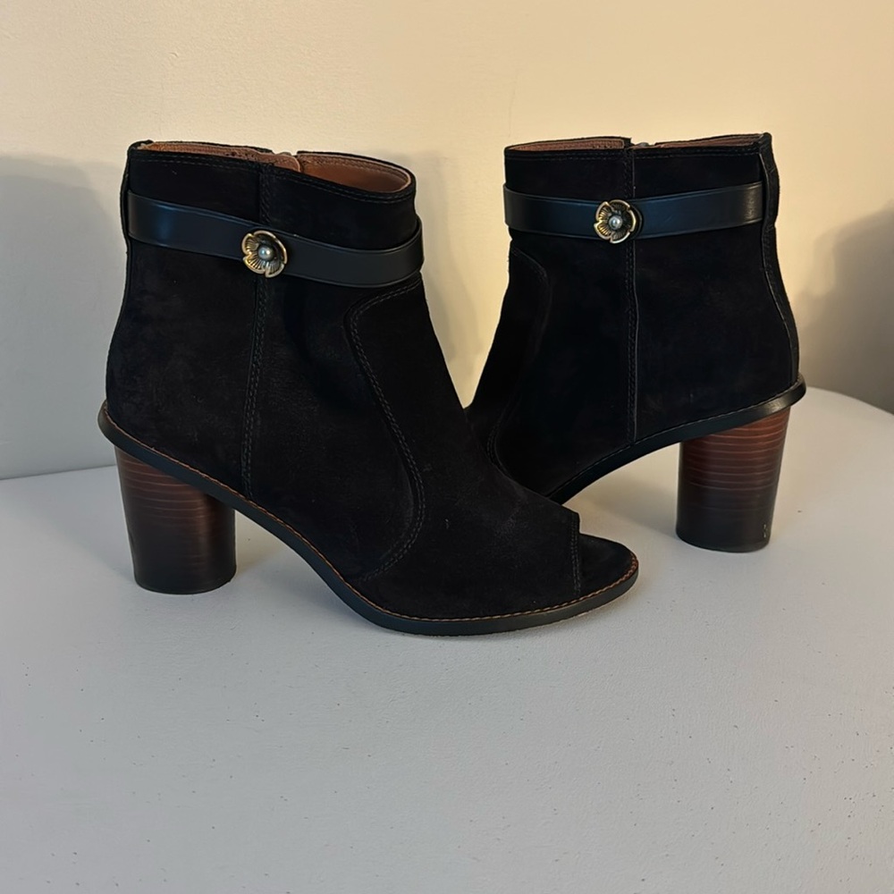 Coach Moto Open Toe Suede Booties in Black Size 9